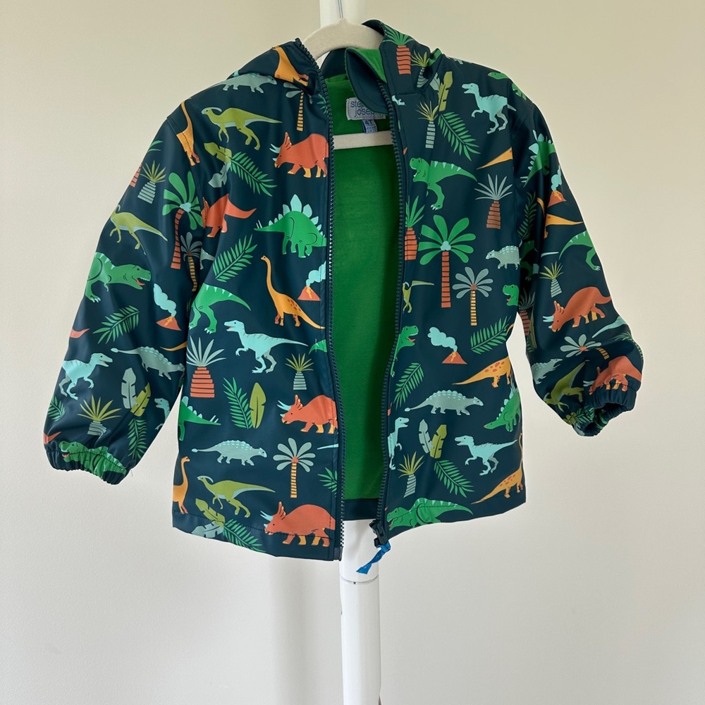 Green and Orange Dinosaur Raincoat with Zipper Front